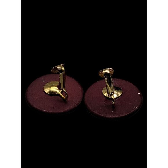 Cherry Red Enamel Clip On Earrings Hand Painted Vintage Floral Design - Picture 7 of 10